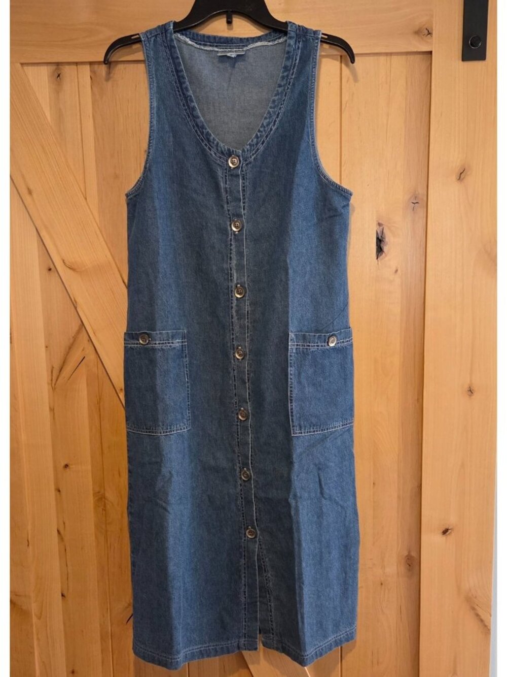 Essential Elements Women’s Size S Denim Jumper Dress Pockets Button up Modest